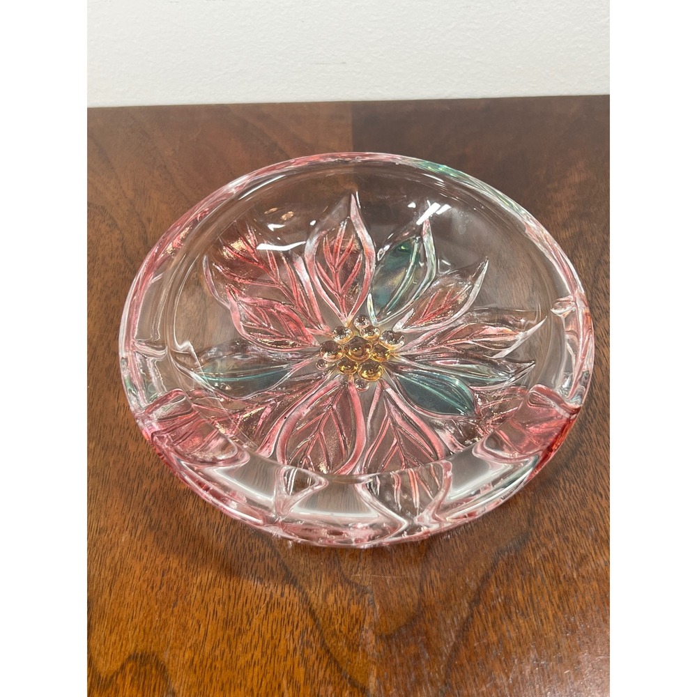 Savoir Vivre Candy Dish Glass Holiday Spirit Poinsettia Pink Clear Vintage 5"